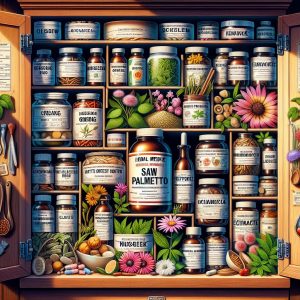 Image of a diverse herbal medicine cabinet showcasing various natural remedies, with a bottle of saw palmetto emphasized among others, symbolizing drawbacks, and limitations. Theme: Discovering Better Alternatives to Saw Palmetto.