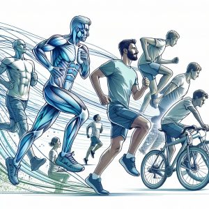 Diverse group of men jogging, biking, and hiking with vibrant glow and aura of vitality, symbolizing healthful living and natural supplements for men's health.