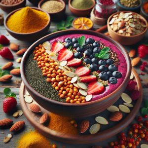 Vibrant smoothie bowl with fenugreek seeds, fresh berries, and almonds on wooden table with colorful backdrop of herbs and spices