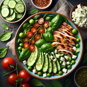 Vibrant salad bowl with fenugreek leaves, cherry tomatoes, cucumber slices, grilled chicken strips, and feta cheese, a balanced and nutritious meal for men's wellness.