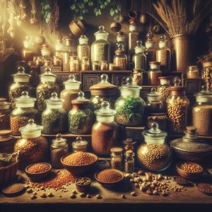 Vibrant herbal apothecary with dried fenugreek seeds and leaves, evoking ancient wisdom and traditional medicine for men's health.