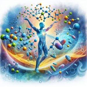 Vibrant image showing the intricate balance of hormone molecules in the human body, symbolizing the impact of saw palmetto on hormonal balance and regulation.