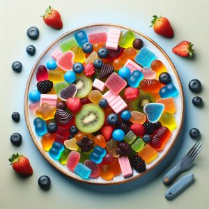 Assorted keto gummies arranged artistically with fresh berries, a colorful and delicious guilt-free treat for ketogenic diet followers.