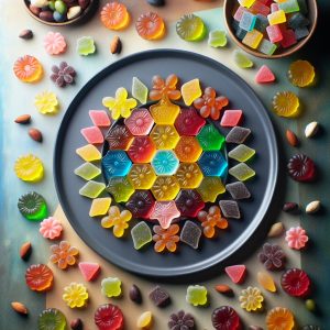 Colorful assortment of keto gummies on a modern plate, showcasing vibrant flavors and diverse shapes for a fun and healthy snacking experience.