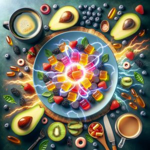 A vibrant plate of keto-friendly snacks and drinks arranged around a colorful pile of keto gummies, including fresh berries, avocado slices, bulletproof coffee, and an electrolyte-infused water bottle.