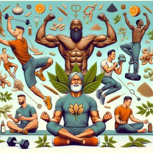 Diverse group of men engaging in healthy activities with ashwagandha elements in background, symbolizing vitality and well-being.