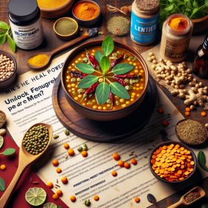 A vibrant image showcasing a bowl of fenugreek lentil soup garnished with fresh fenugreek leaves and surrounded by men's health supplements, symbolizing the impact of fenugreek on men's energy, testosterone levels, and overall well-being.