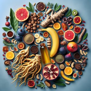 Vibrant scene of ingredients promoting male sexual health and vitality