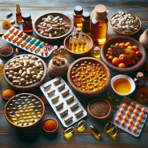 Colorful assortment of saw palmetto products including capsules, tablets, liquid extracts, and dried berries, highlighting the different forms of this supplement.