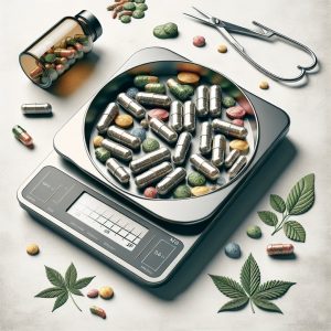 Carefully measured saw palmetto extract capsules displayed on modern kitchen scale with botanical backdrop