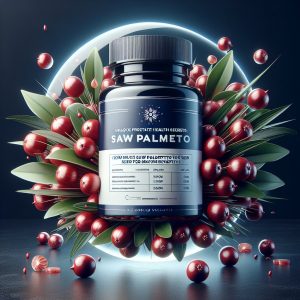 Pristine bottle of saw palmetto supplements surrounded by fresh, ripe berries, promoting prostate health with clear dosage information