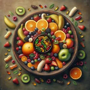 Fresh and colorful fruit bowl with ashwagandha gummies promoting men's health and well-being