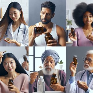 Diverse group of people engaging in saw palmetto-infused hair care activities while surrounded by supplement bottles