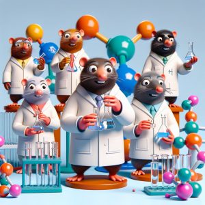 Illustration of cute animated moles dressed as chemists in a colorful chemistry setting with zinc particles and molecular models.