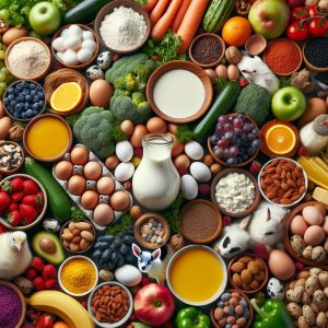 A vibrant array of natural food sources and dietary supplements rich in D-Aspartic Acid, including eggs, dairy products, fruits, vegetables, nuts, and seeds, beautifully arranged to showcase variety and health benefits.