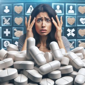 Person surrounded by oversized D-Aspartic Acid pills, looking overwhelmed and confused, symbolizing the dangers of excessive intake.