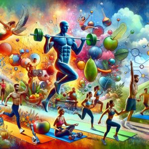 Diverse group of athletes engaged in weightlifting, running, and yoga with vibrant colors and sense of motion, symbolizing active and energetic lifestyle promoted by D-Aspartic Acid.