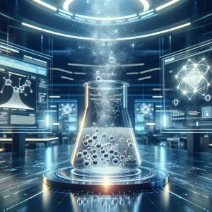 High-tech laboratory beaker filled with sparkling D-Aspartic Acid powder, surrounded by glowing energy particles, with digital displays showing scientific data on benefits