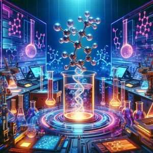 Vibrant futuristic laboratory with glowing D-Aspartic Acid molecular structures