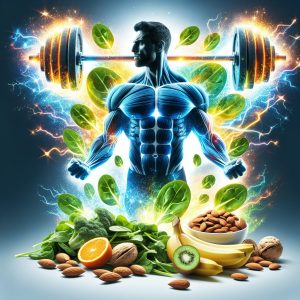 Muscular male silhouette lifting weights surrounded by magnesium-rich foods like spinach, almonds, and bananas, symbolizing strength and vitality.