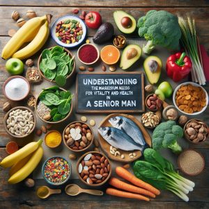 A vibrant and diverse spread of colorful fruits, vegetables, nuts, seeds, whole grains, and fish on a rustic wooden table symbolizing factors influencing magnesium requirements for a 65-year-old man.