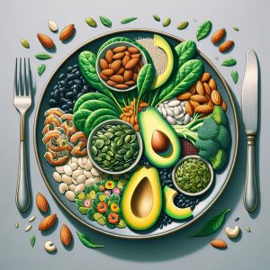A colorful plate filled with spinach, almonds, pumpkin seeds, black beans, avocado, and quinoa, showcasing a variety of magnesium-rich foods tailored for men's dietary needs.