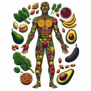 Colorful and intricate human body illustration made of spinach, almonds, bananas, avocado, and dark chocolate to highlight the importance of magnesium in overall health.