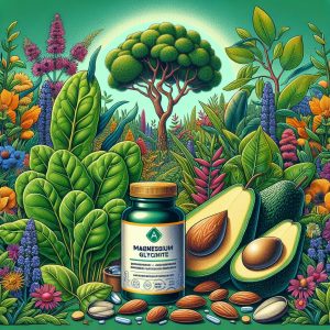 A vibrant garden with spinach, almonds, and avocado, with a bottle of magnesium glycinate, symbolizing health and vitality.