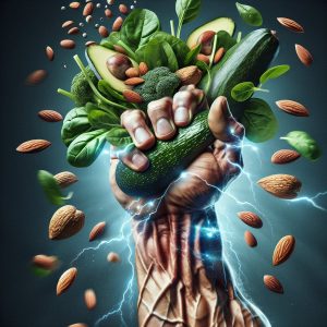 Vibrant assortment of magnesium-rich foods like spinach, almonds, avocados, and beans held by a strong masculine hand, symbolizing vitality and strength for men's muscle function, heart health, and energy production.