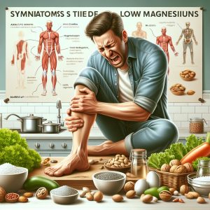 Illustration of a man experiencing muscle cramps, tremors, and fatigue surrounded by magnesium-rich foods