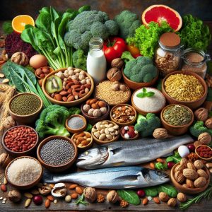 Assortment of leafy greens, nuts, seeds, whole grains, and fish on a wooden table, promoting wellness and vitality for men over 60.