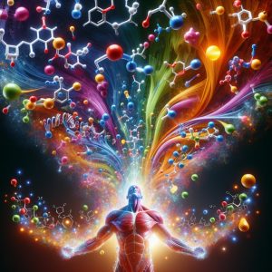 Illustration of a dynamic chemical reaction in the human body showcasing the synthesis of testosterone through colorful molecules representing hormones and enzymes interacting harmoniously.