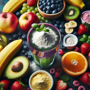 Colorful fruit smoothie with D-Aspartic Acid powder, fresh fruits and supplements conveying vitality and health