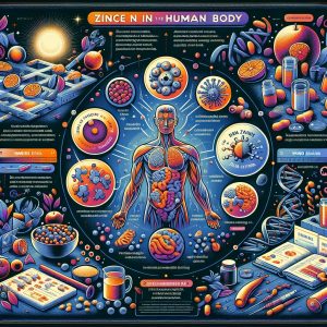 Illustration showing the importance of zinc in immune function, wound healing, and DNA synthesis through diverse zinc-rich foods, immune cells, and healing symbols.