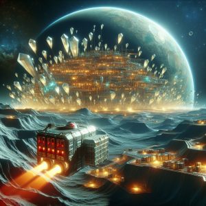 Shimmering metallic crystals protruding from the ground, with a spaceship hovering in the background carrying containers of Zinc, symbolizing the essence of Zinc in No Man's Sky.