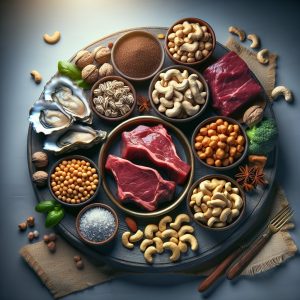 Assorted zinc-rich foods like oysters, beef, chickpeas, and cashews displayed in a balanced manner, promoting mindful consumption for men's health.