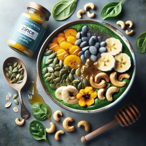 A vibrant and nutritious smoothie bowl overflowing with zinc-rich ingredients like pumpkin seeds, cashews, spinach, sliced bananas, and a drizzle of honey, symbolizing health and vitality.