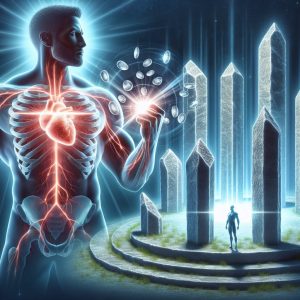 Silhouette of muscular male surrounded by vibrant hearts and bone structures, symbolizing magnesium's positive effects on muscle function, heart health, and bone strength.